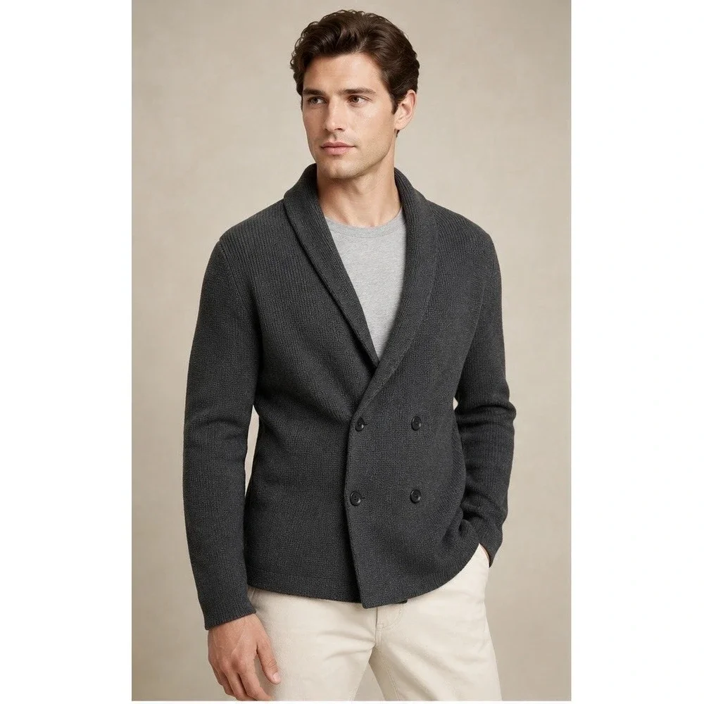 Banana Republic Sweater Blazer Mens Medium Gray Shawl Collar Double Breasted HR1
